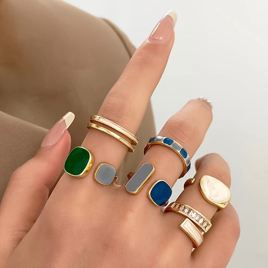 Vintage Boho Style Rings Set – 6 Pieces Colorful Geometric Adjustable Open Rings with zirconia Inlay, Zinc Alloy Fashion Rings for Women – Perfect for Daily Wear & Festivals.